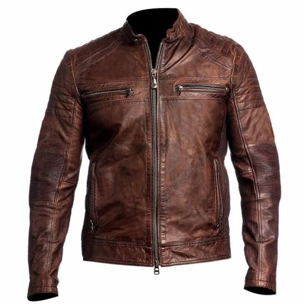 Men’s Waxed Leather Motorcycle Jacket-0