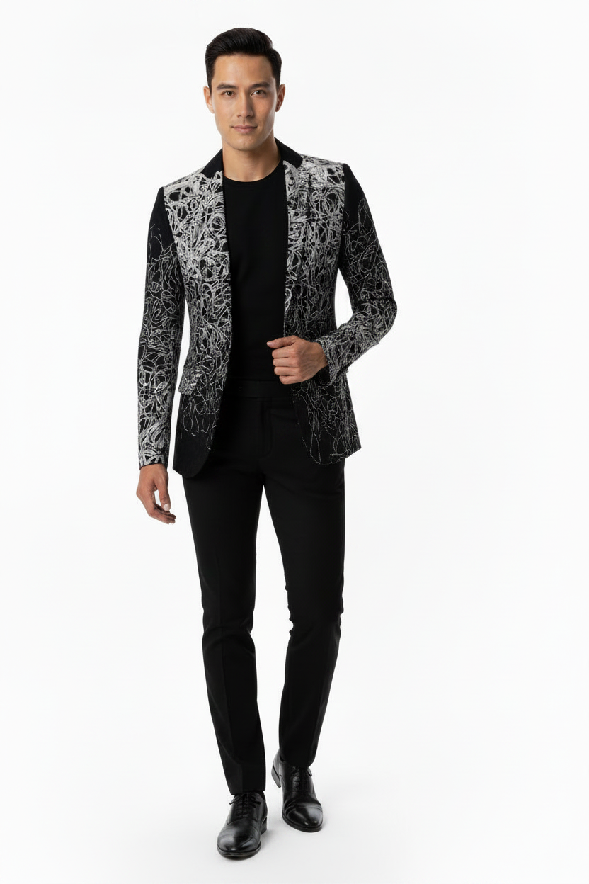 Men's black and grey party suit with knit details-1