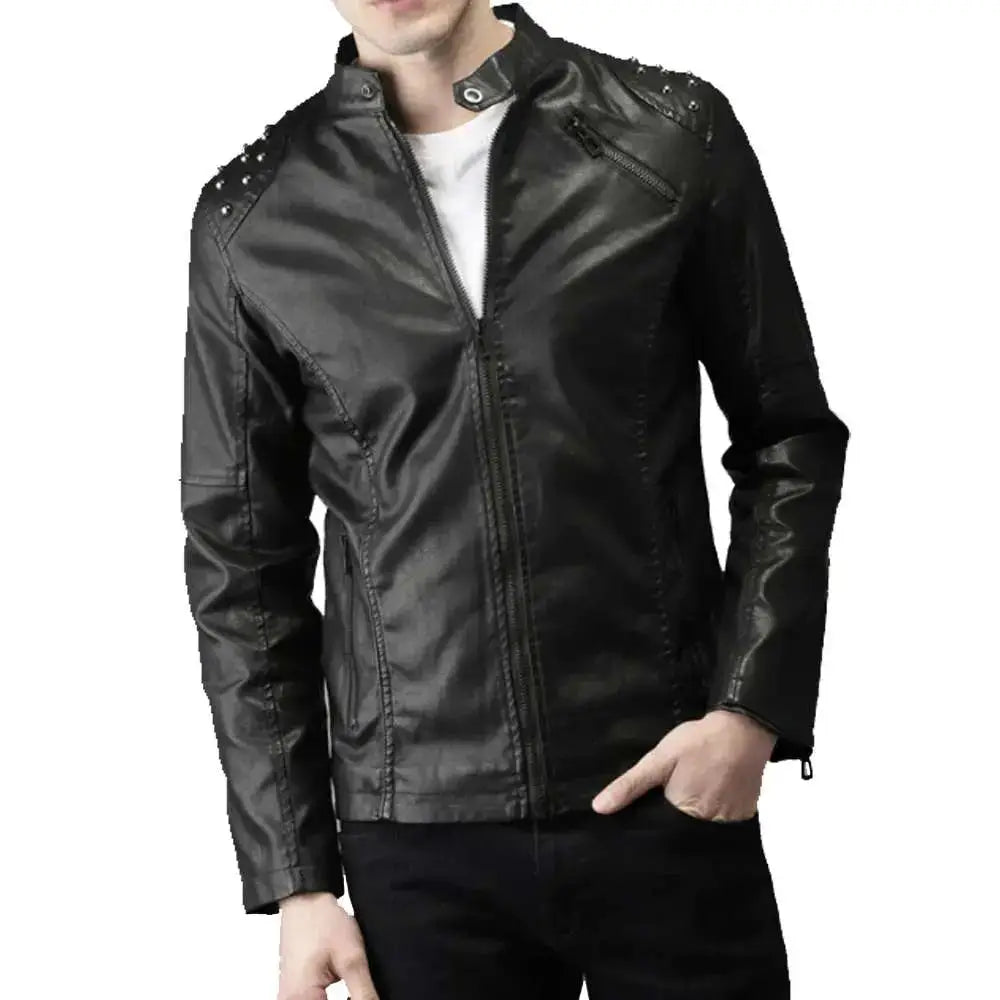 Men’s Studded Biker Tab Collar Leather Jacket-0