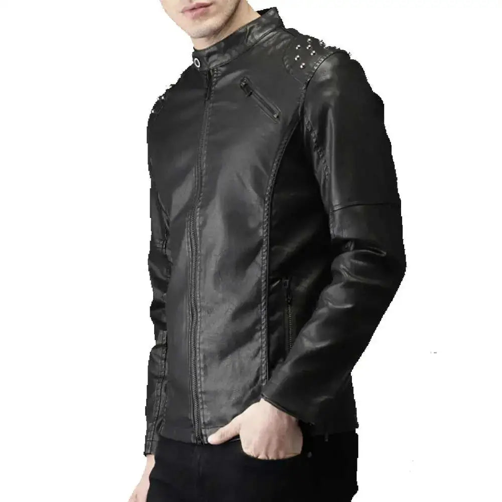 Men’s Studded Biker Tab Collar Leather Jacket-2