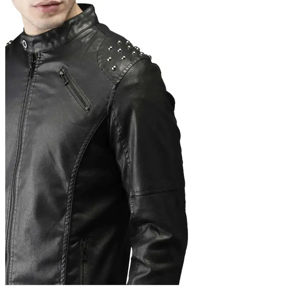 Men’s Studded Biker Tab Collar Leather Jacket-1