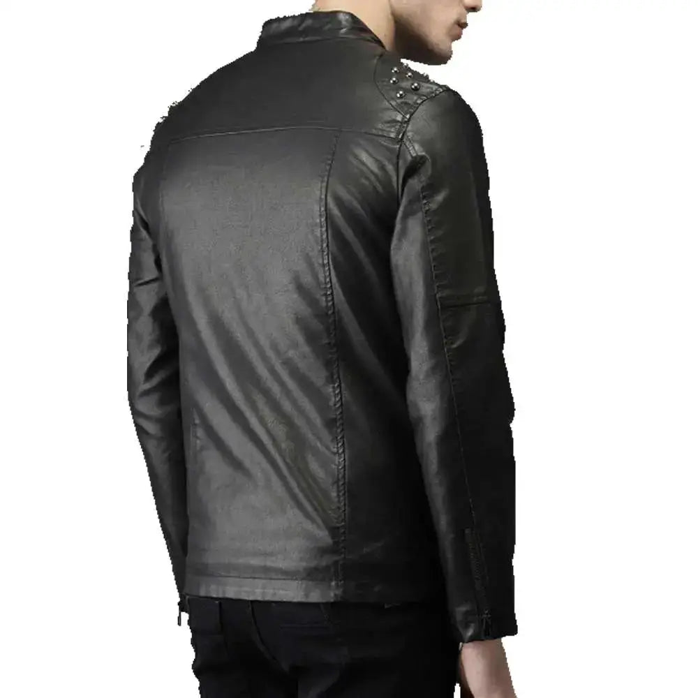 Men’s Studded Biker Tab Collar Leather Jacket-3