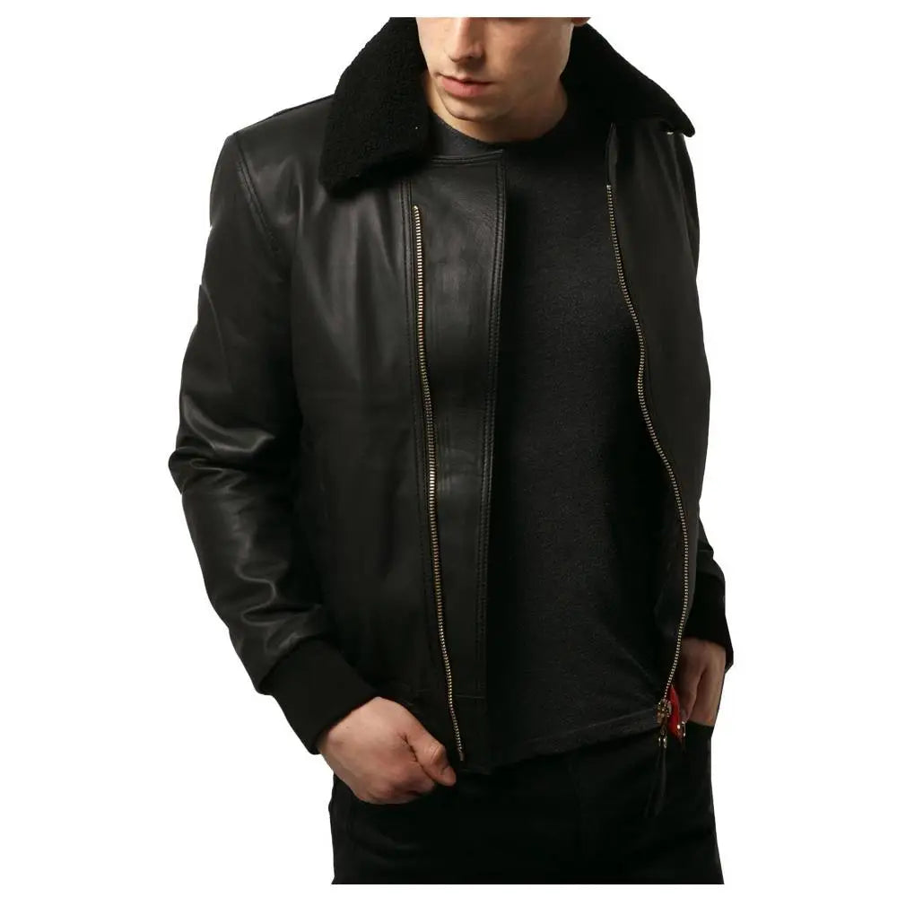 Men’s Black Fashion Leather Bomber Jacket-2