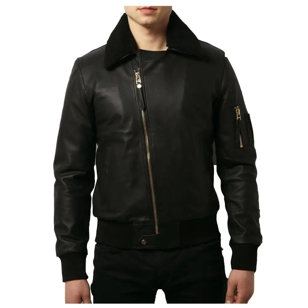 Men’s Black Fashion Leather Bomber Jacket-0