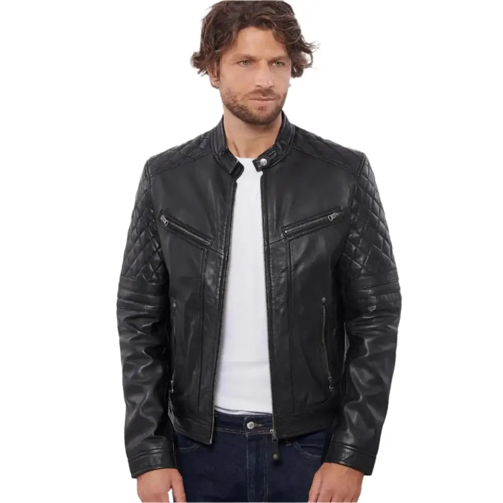 Men’s Black Buffalo Leather Biker Jacket-0