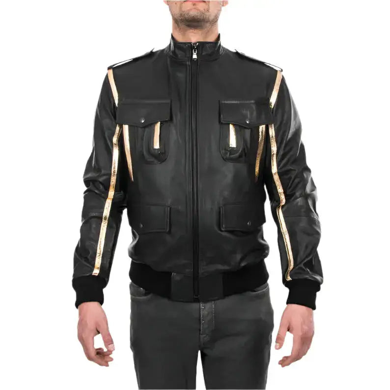 Men’s Black & Gold Leather Bomber Jacket-0