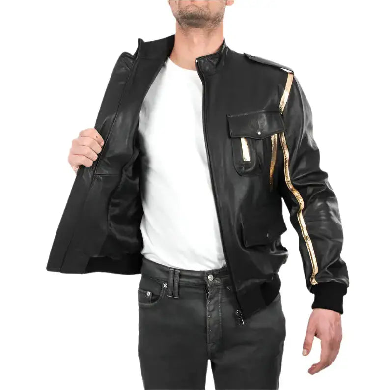 Men’s Black & Gold Leather Bomber Jacket-1