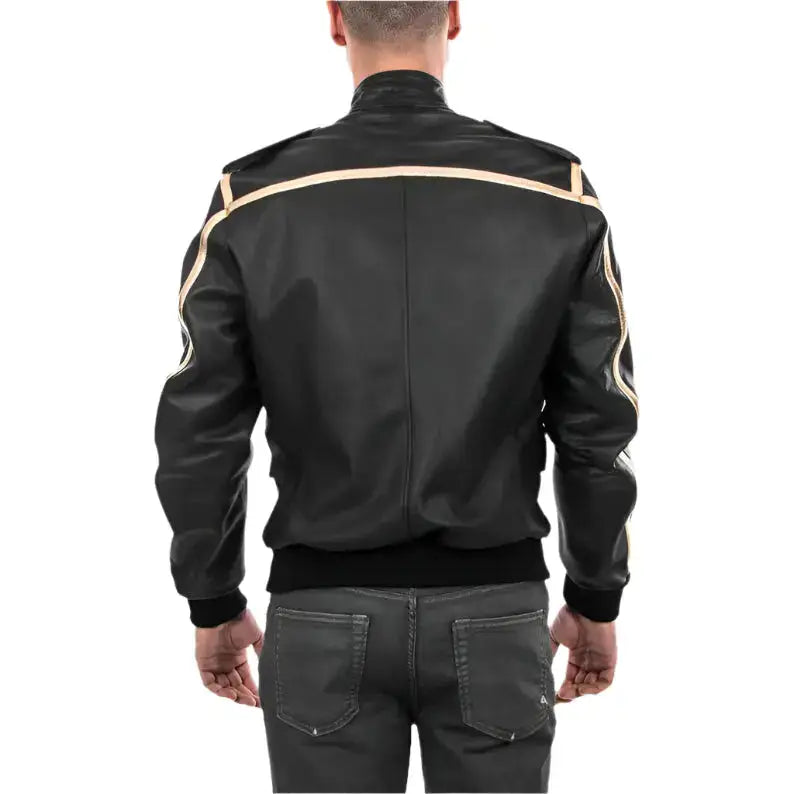Men’s Black & Gold Leather Bomber Jacket-3
