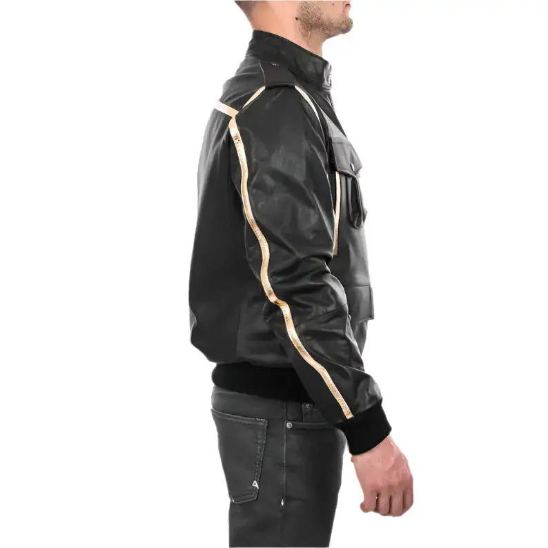 Men’s Black & Gold Leather Bomber Jacket-4