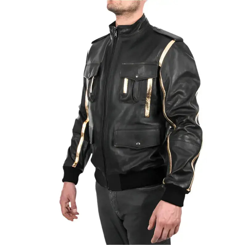 Men’s Black & Gold Leather Bomber Jacket-2