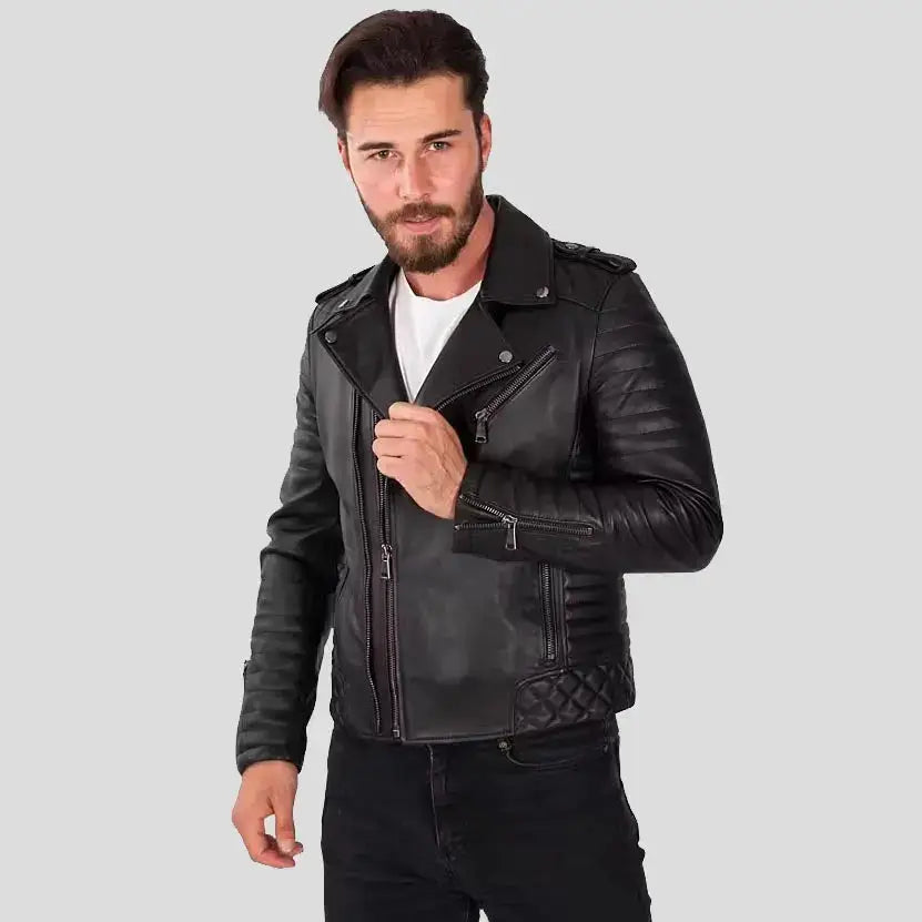 Men’s Black Leather Biker Jacket-0