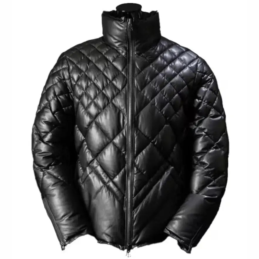 Men’s Black Leather Puffer Jacket – Leather Down Jacket-0
