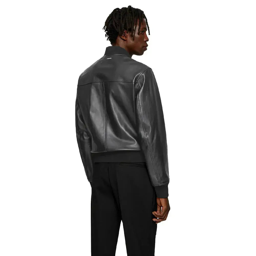 Men's Black Leather Bomber Jacket-3