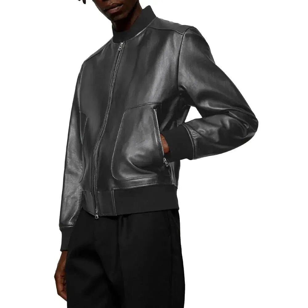 Men's Black Leather Bomber Jacket-1