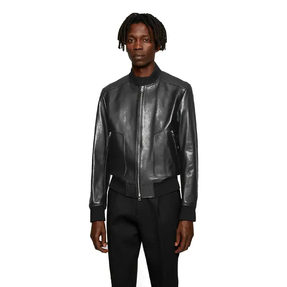 Men's Black Leather Bomber Jacket-2