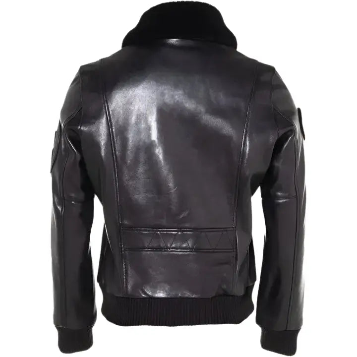 Mens Black Leather Bomber Jacket Fur Collar-1