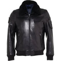Mens Black Leather Bomber Jacket Fur Collar-0