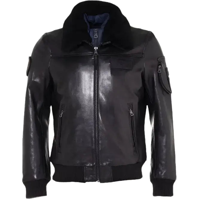 Mens Black Leather Bomber Jacket Fur Collar-0