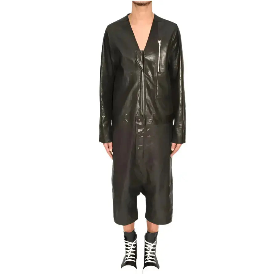 Men’s Black V-Neck Leather Jumpsuit-0