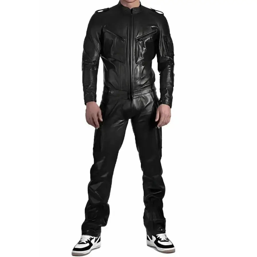 Men’s Black Leather Jumpsuit with Adjustable Straps-0