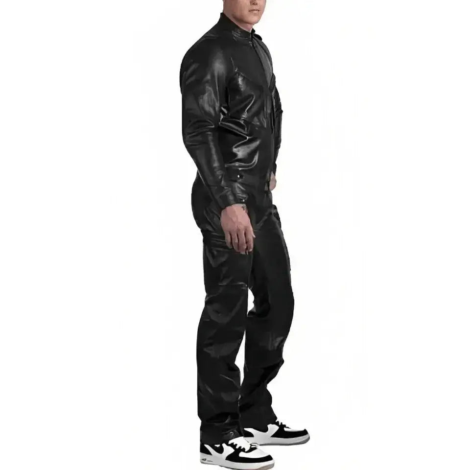 Men’s Black Leather Jumpsuit with Adjustable Straps-1