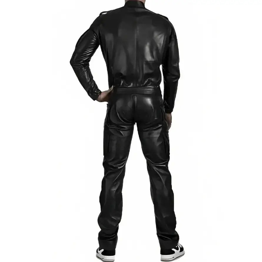 Men’s Black Leather Jumpsuit with Adjustable Straps-2