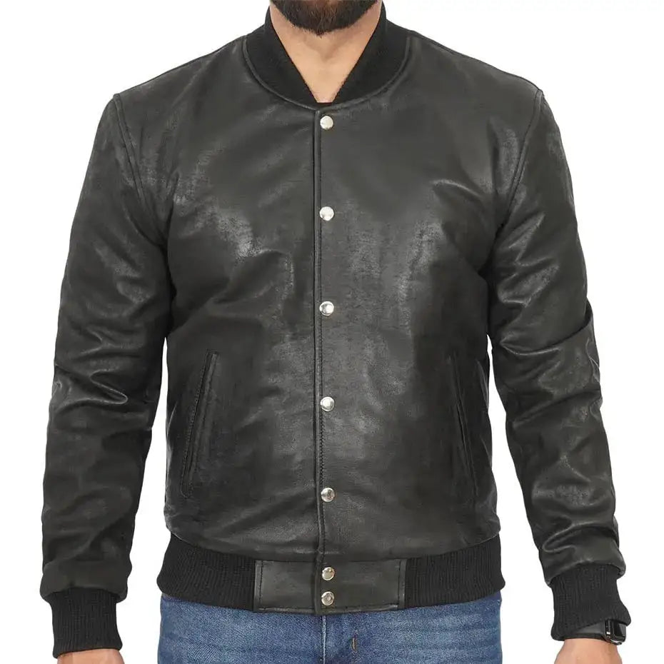 Mens Black Leather Bomber Jacket-0