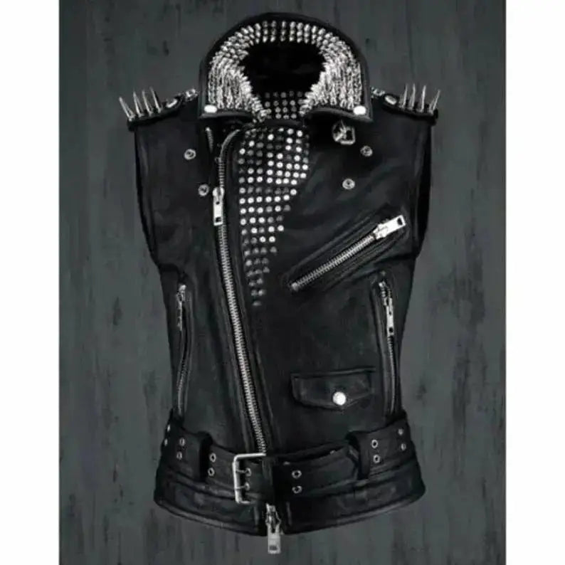 Studded Black Leather Biker Vest-2