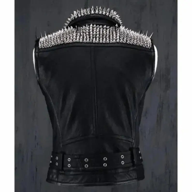Studded Black Leather Biker Vest-1