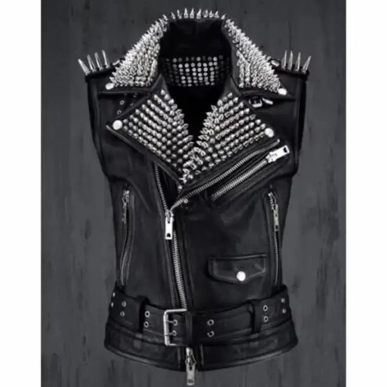 Studded Black Leather Biker Vest-0