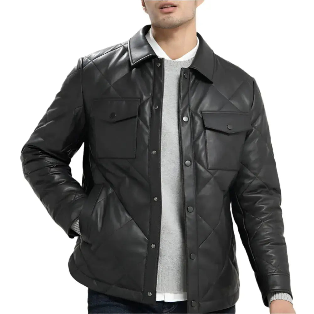 Men’s Black Quilted Leather Jacket – Slim Fit Biker Style-0