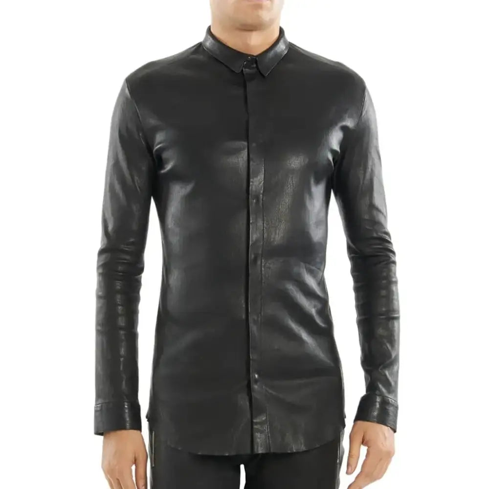 Men’s Black Tight Fit Leather Shirt-0
