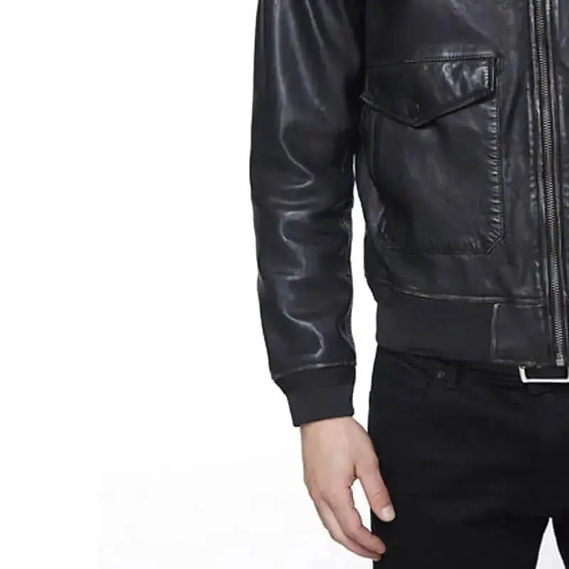 Men’s Black Leather Bomber Jacket with Sherpa Collar-2