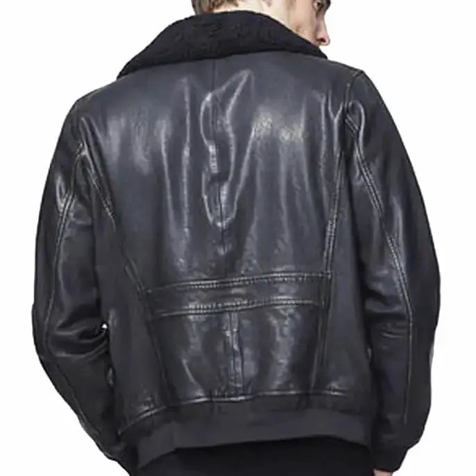 Men’s Black Leather Bomber Jacket with Sherpa Collar-1