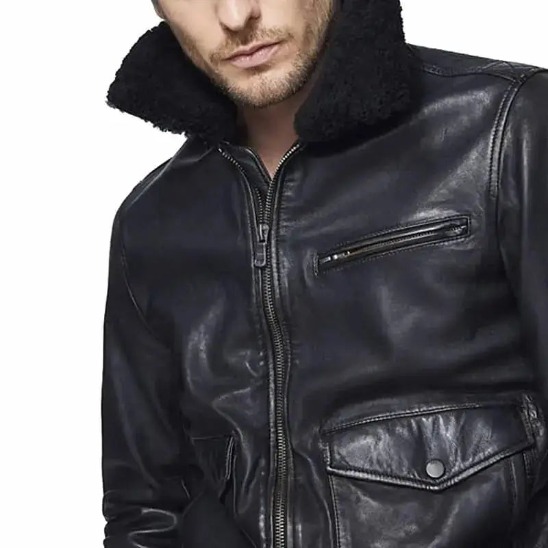 Men’s Black Leather Bomber Jacket with Sherpa Collar-3
