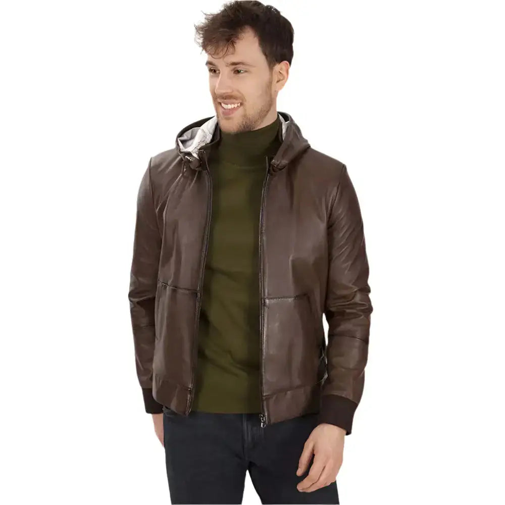 Men’s Brown Hooded Leather Jacket-0