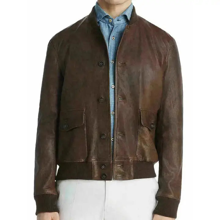Mens Brown Leather Baseball Bomber Jacket-0