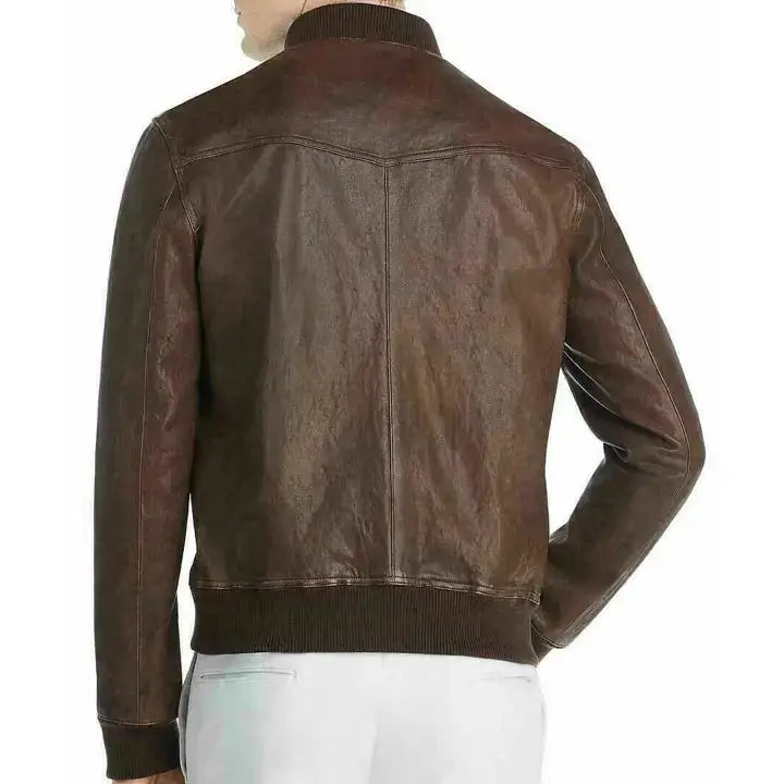 Mens Brown Leather Baseball Bomber Jacket-1