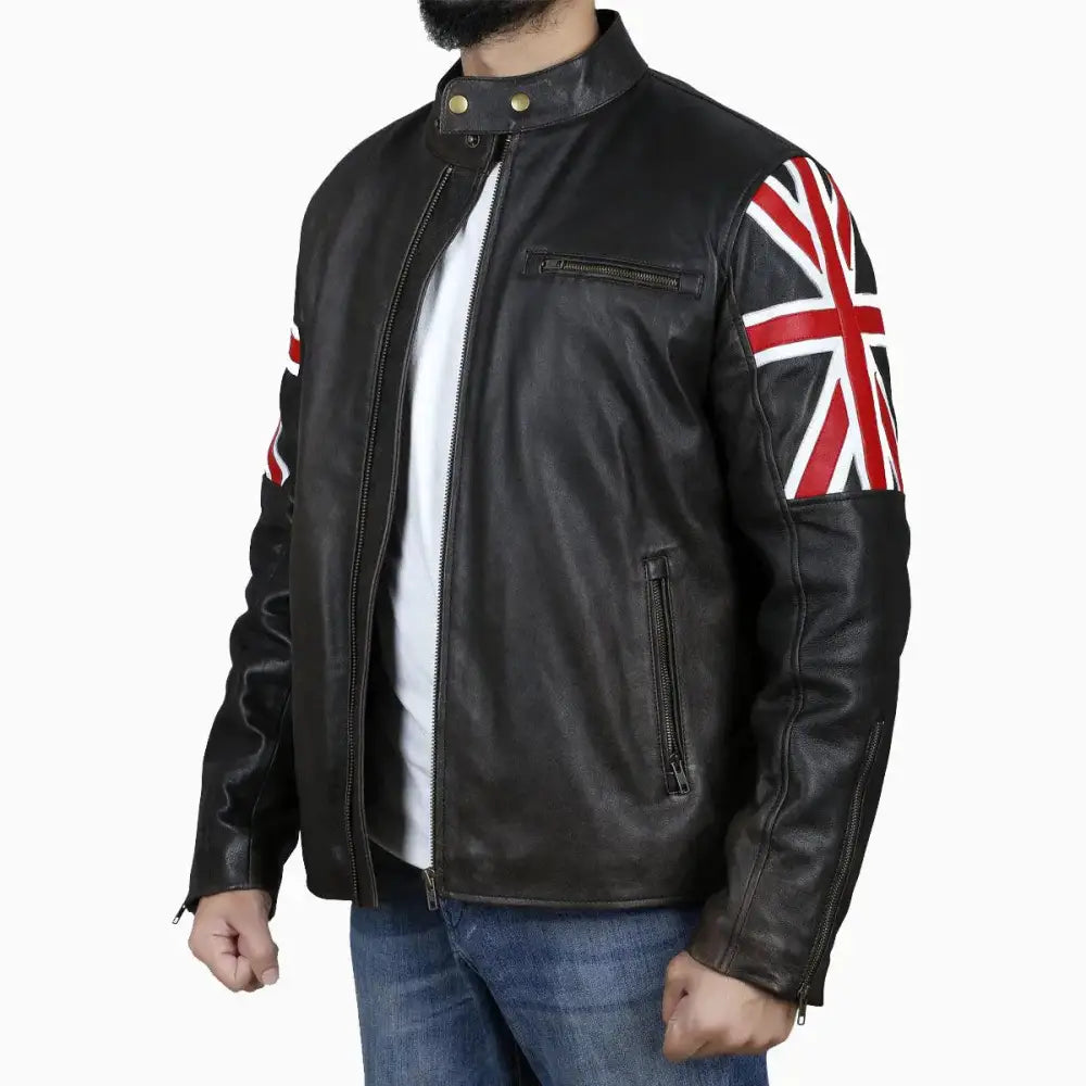 Men’s Brown Leather Jacket with Uk Flag Appliqué-3