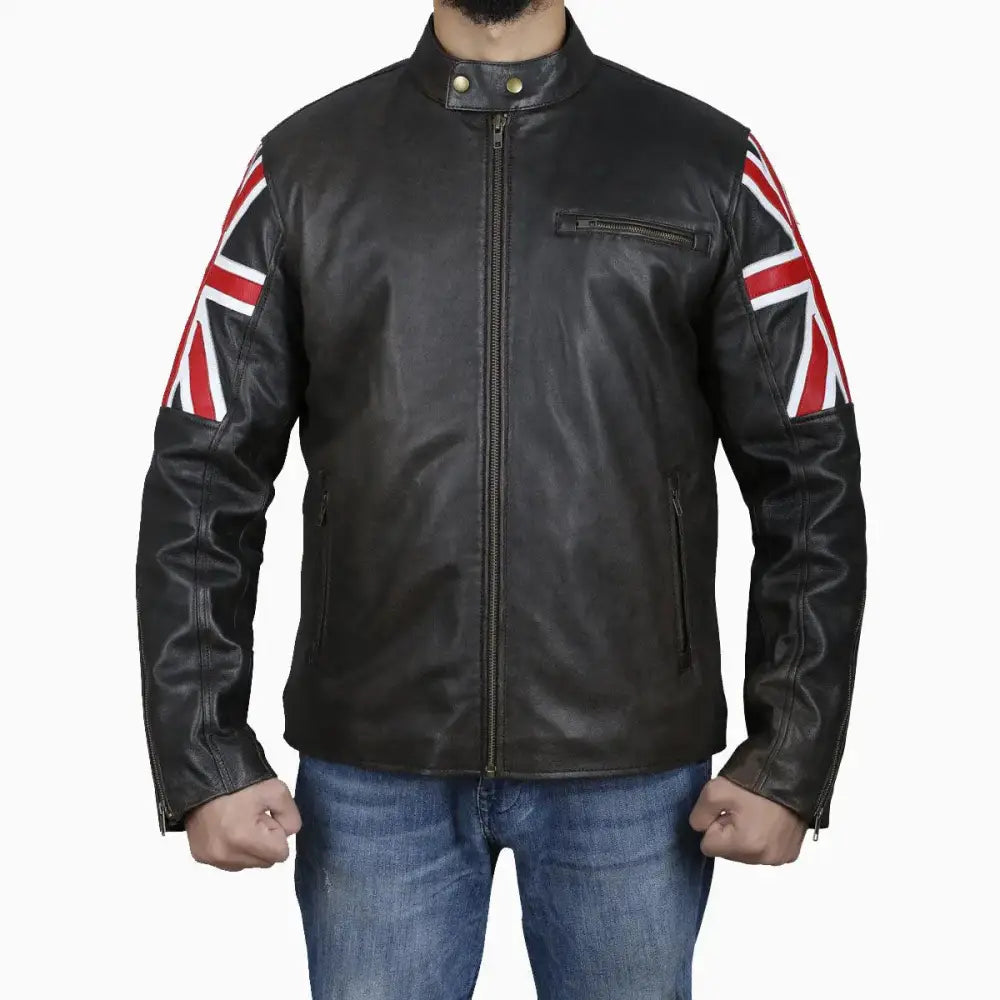 Men’s Brown Leather Jacket with Uk Flag Appliqué-0