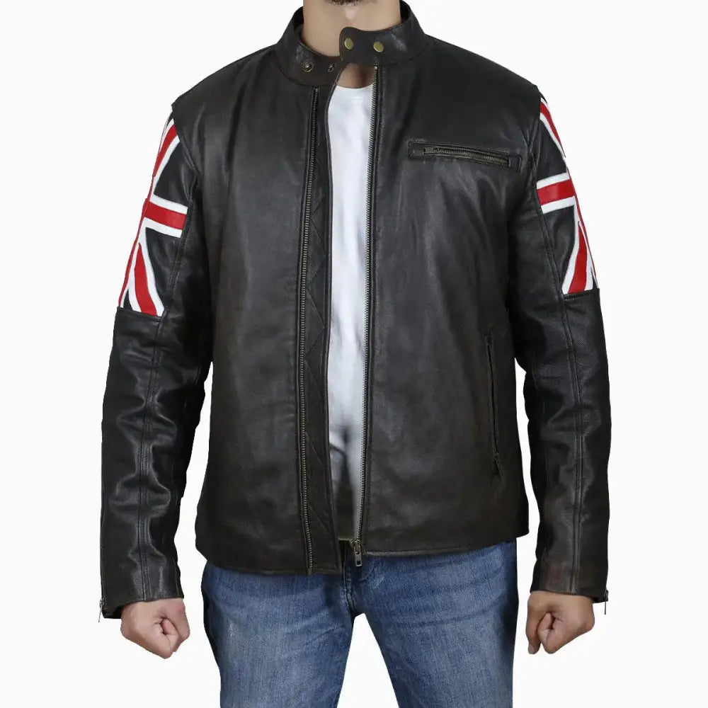 Men’s Brown Leather Jacket with Uk Flag Appliqué-1