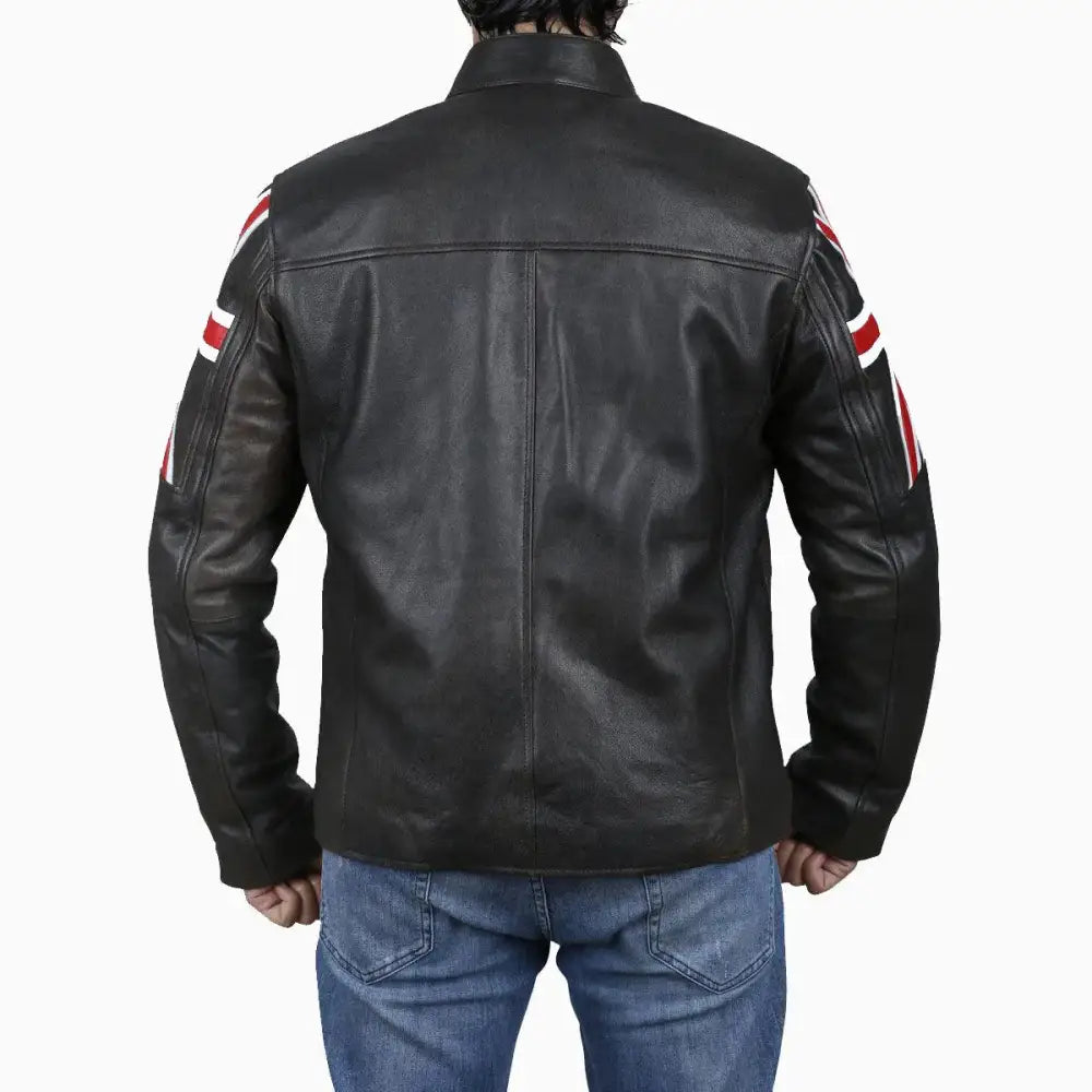 Men’s Brown Leather Jacket with Uk Flag Appliqué-2