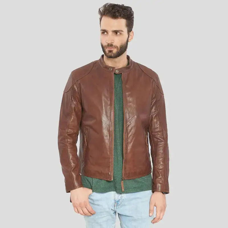 Men’s Brown Buffalo Leather Biker Jacket-1