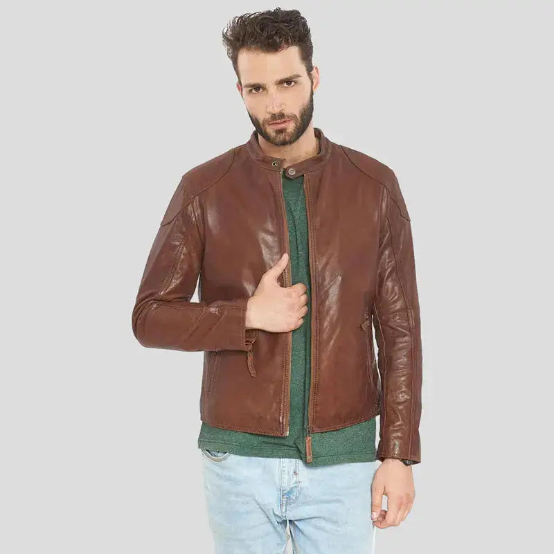 Men’s Brown Buffalo Leather Biker Jacket-0