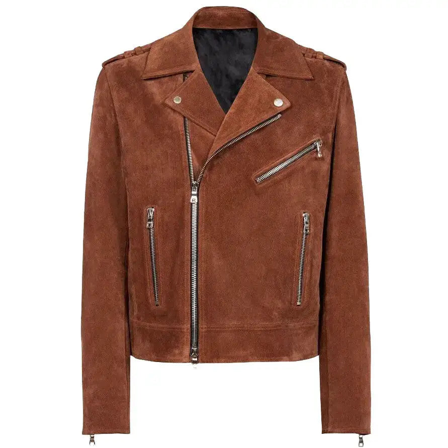 Men’s Brown Suede Leather Biker Jacket-0