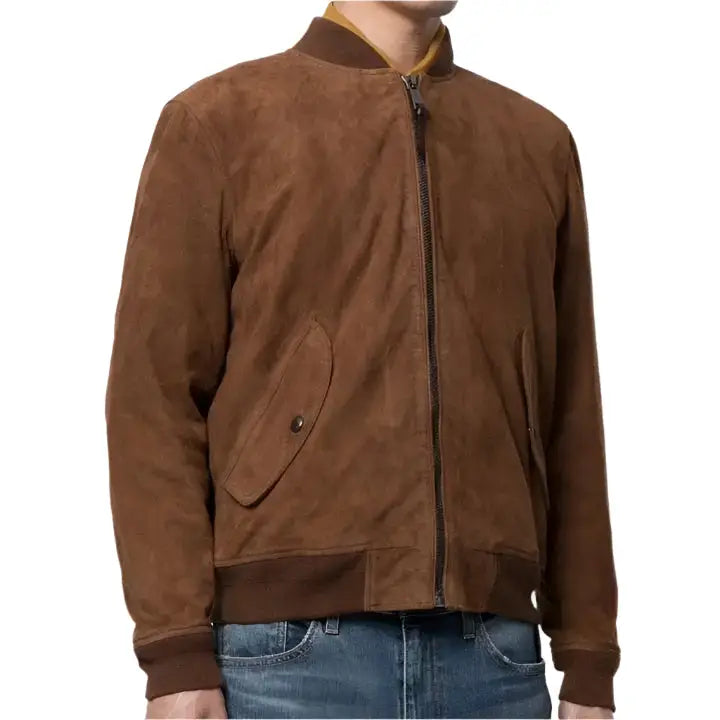 Men’s Brown Suede Leather Bomber Jacket-1