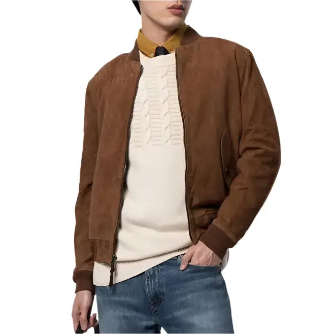 Men’s Brown Suede Leather Bomber Jacket-2