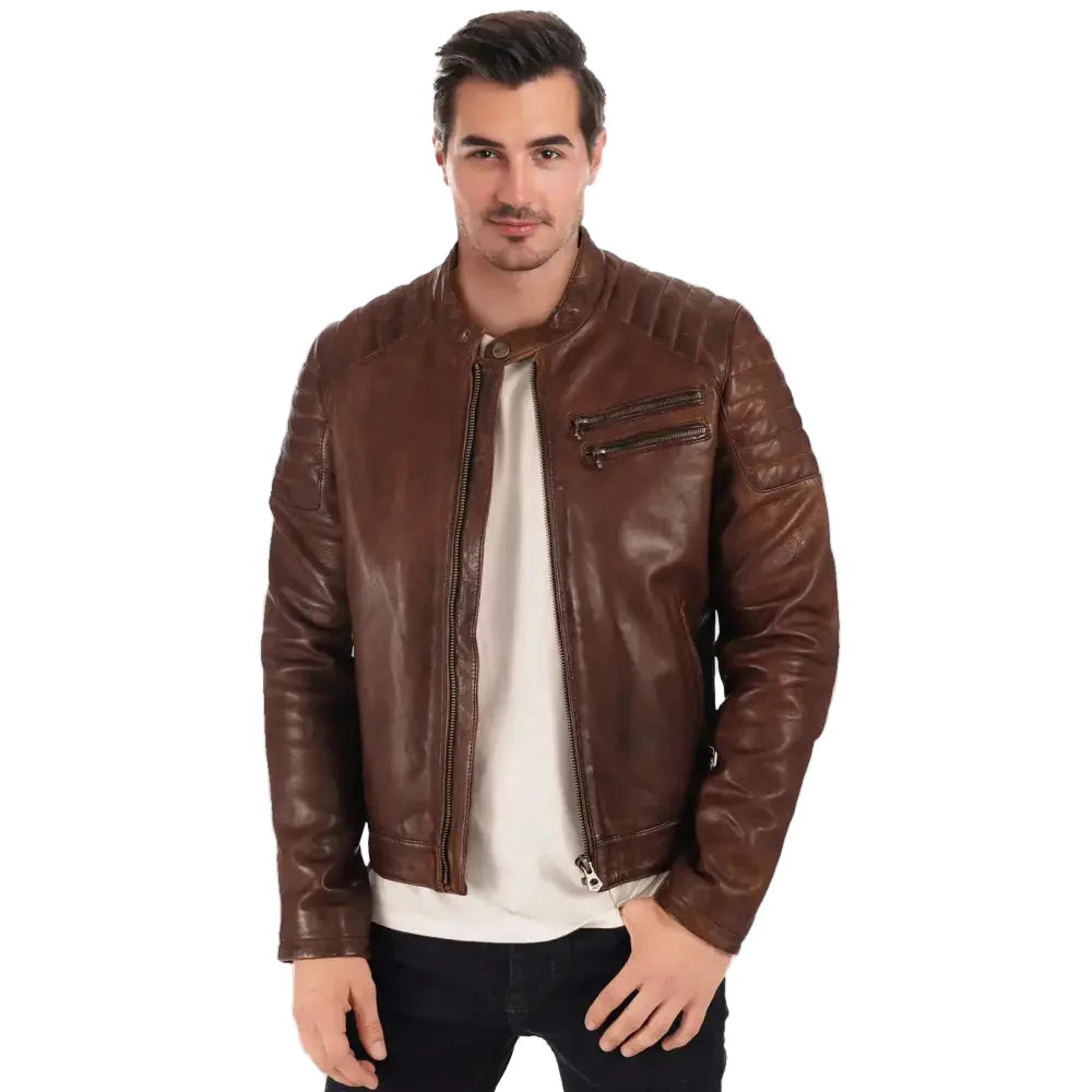 Men’s Brown Waxed Leather Biker Jacket-0