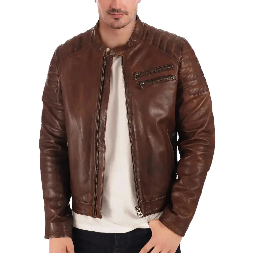 Men’s Brown Waxed Leather Biker Jacket-1