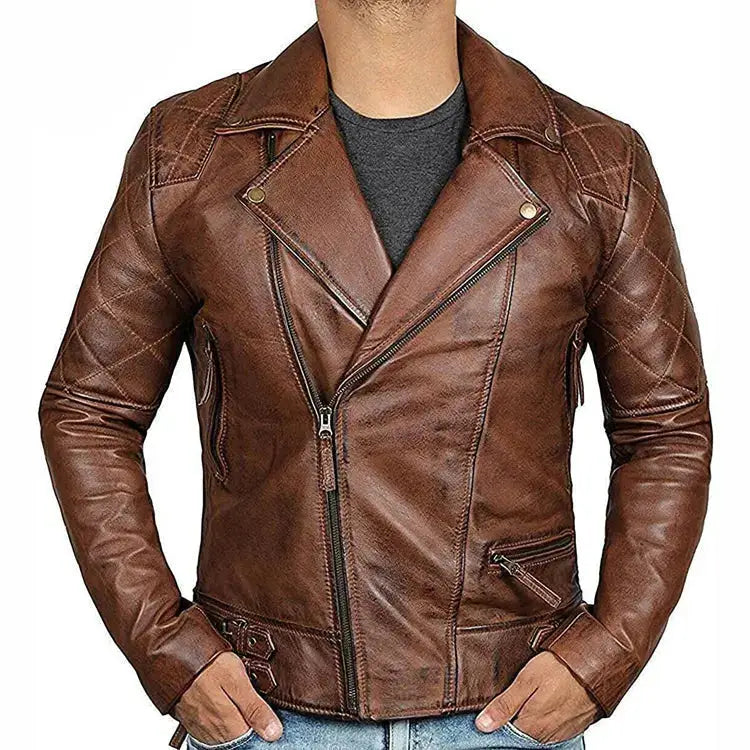 Men’s Brown Leather Cafe Racer Motorcycle Jacket-0
